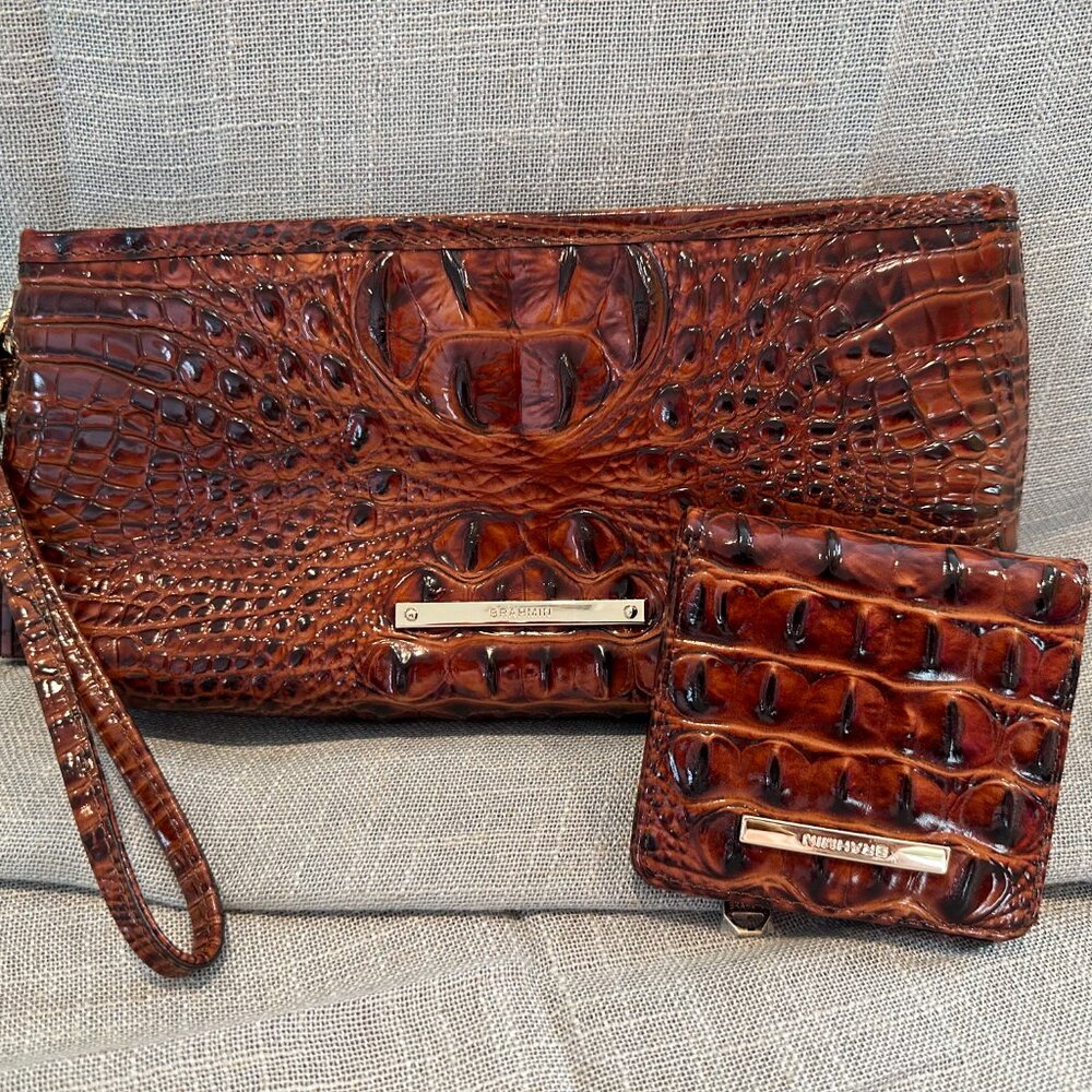 Brahmin Pecan Melbourne Daisy Wristlet & Card Wallet Set 🐊✨